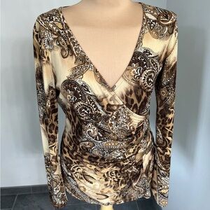 Vintage Cache Brown and Cream Paisley V-Neck Faux-Wrap Top, Sz S